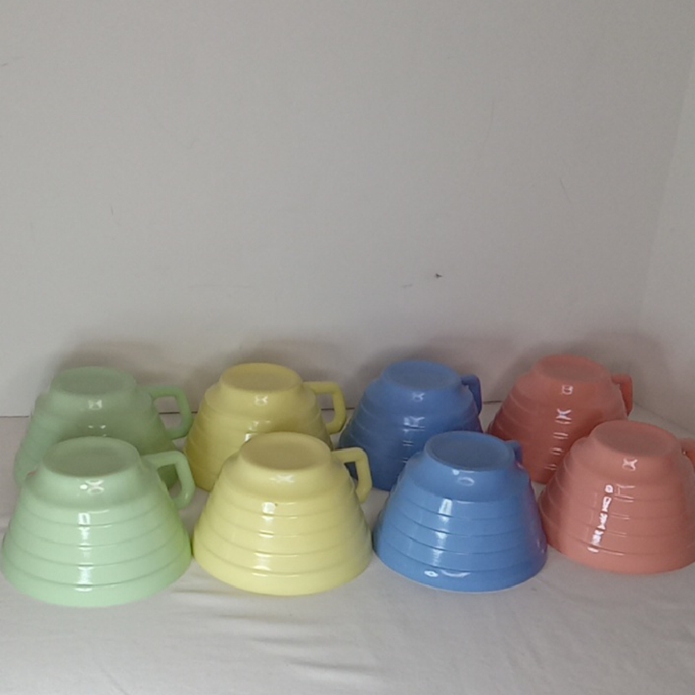 MCM Unique Vintage 50's Hazel Atlas Platonite Pastel Coffee Cups Mugs Set Of 8